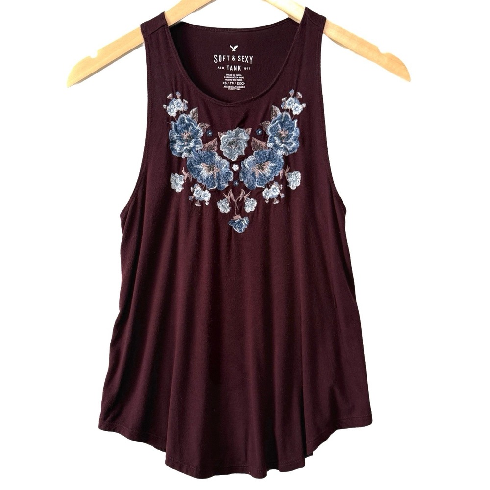 American Eagle Maroon Racerback Tank Top Floral Embroidery, Size X-Small